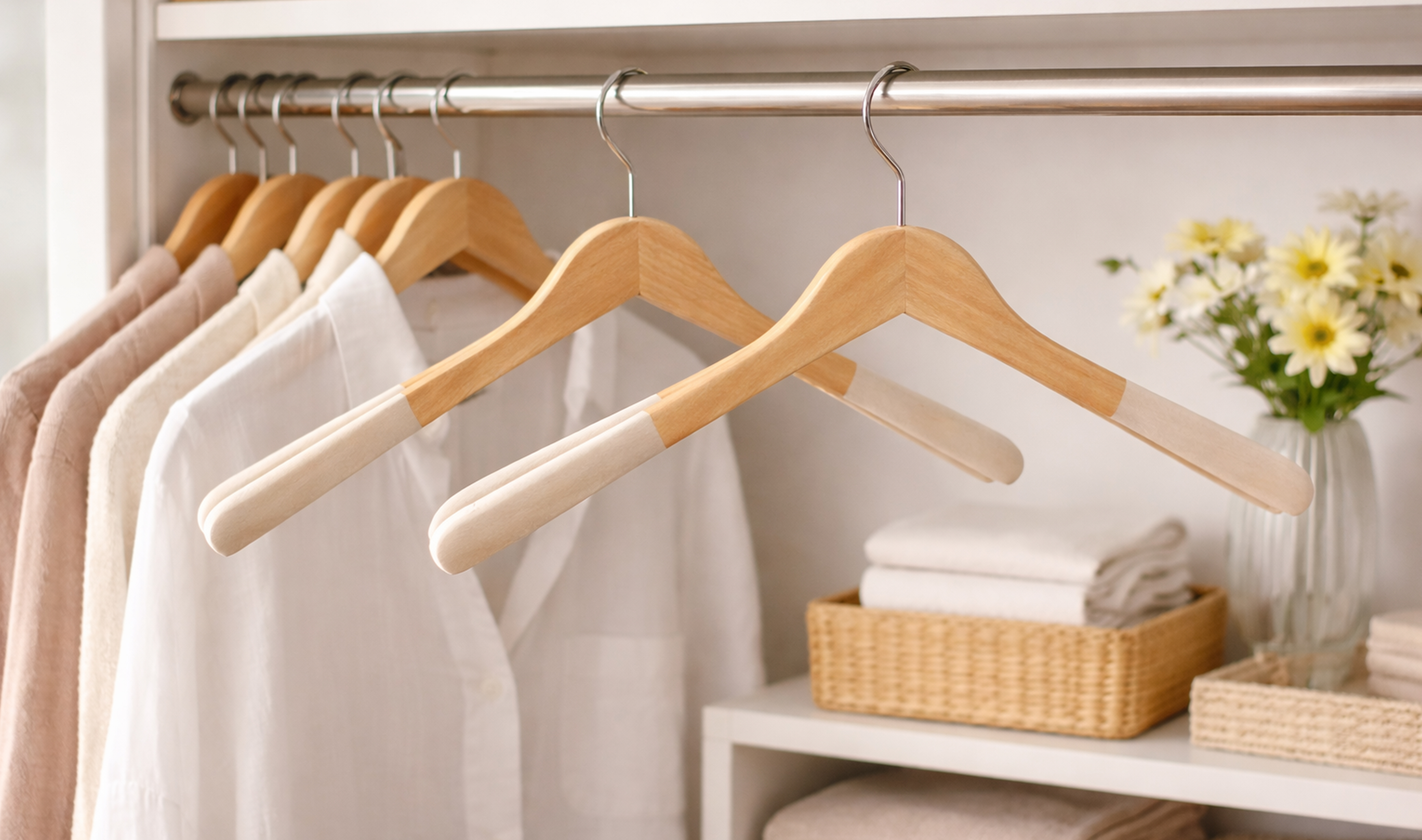 Neutral shirts neatly hung on wooden hangers along a closet rail in a bright wardrobe space.